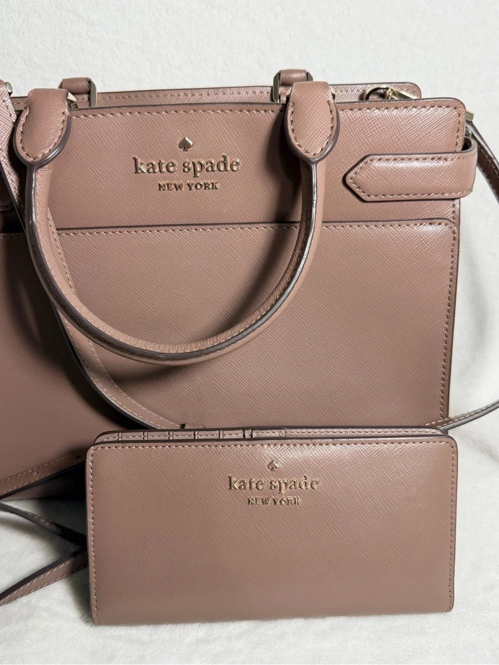 Kate Spade Staci Medium Satchel & Wallet Set Mauve Beige Saffiano
